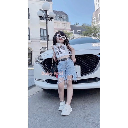 Quần jean lửng rách cho bé gái