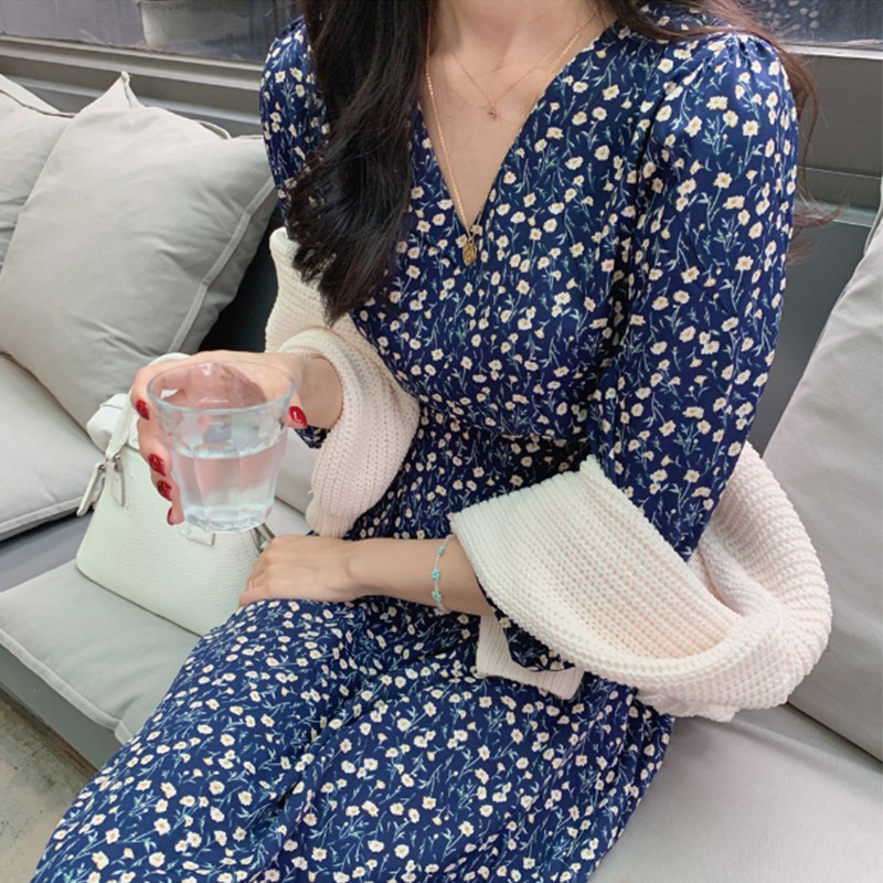 (HÁNG SẴN) Váy hoa bi dáng dài màu xanh dương cổ V thắt eo Vintage Hàn Quốc nhẹ nhàng mùa thu