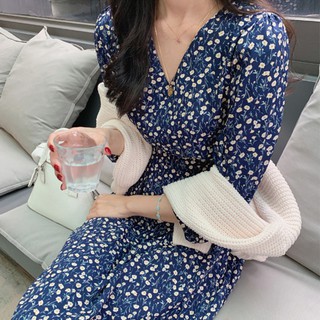 (HÀNG SẴN) Váy hoa bi dáng dài màu xanh dương cổ V thắt eo Vintage Hàn Quốc nhẹ nhàng mùa thu