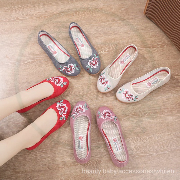 Giày búp bê vải đế mềm thoải mái thêu họa tiết dân tộc phong cách Bắc Kinh cổ điển dành cho nữ