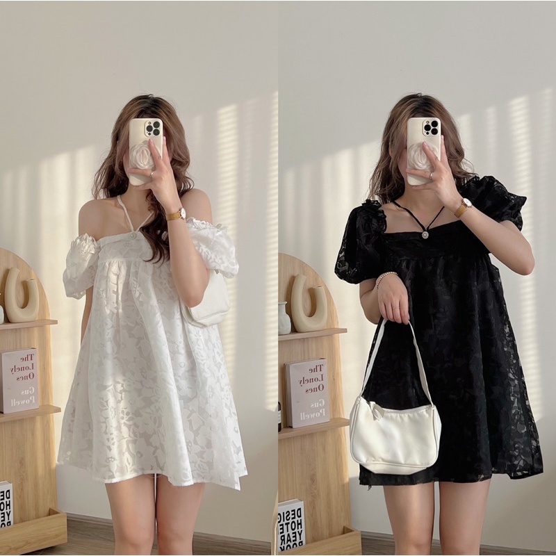 Đầm - váy trễ vai dây cổ đính hạt hoa nổi siêu hot