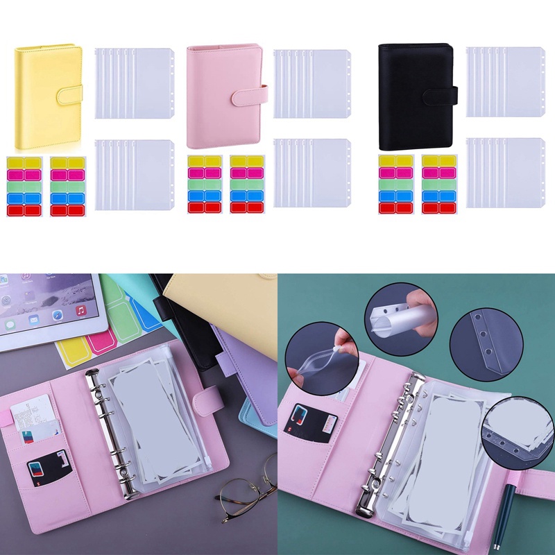 Set 12 Tờ Giấy A6 Bìa Da PU Đựng Tiền Tiết Kiệm Có Nhãn Dán Tiện Dụng