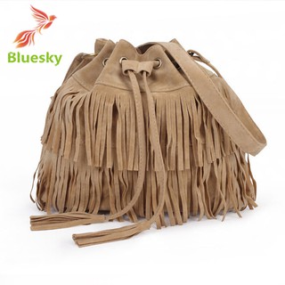 Túi xách dạng xô đính dây tua rua màu trơn bằng da lộn cổ điển kích thước 31x26x13cm cho bạn nữ