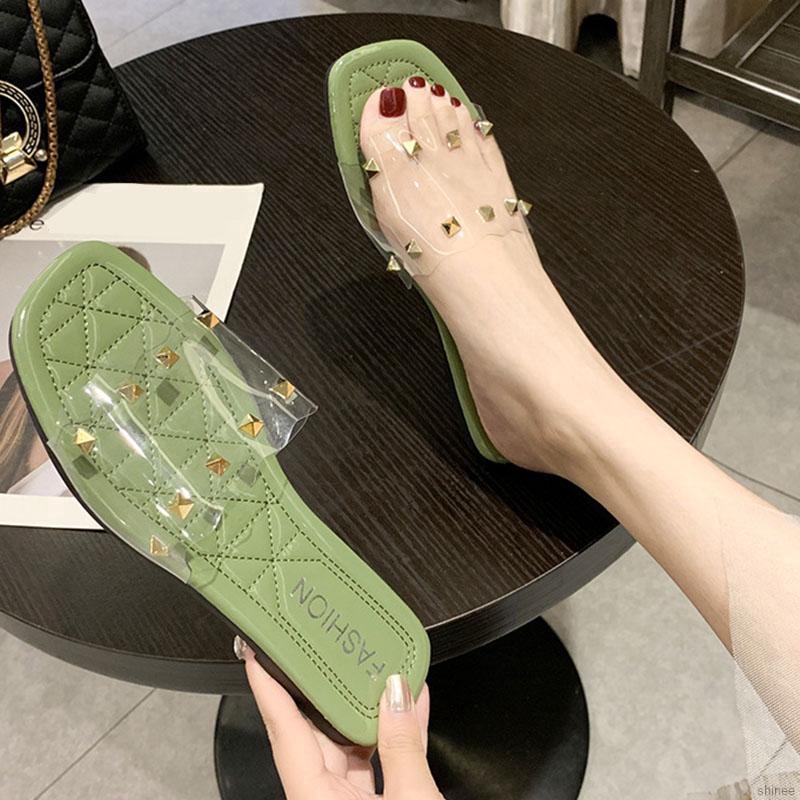 Women Summer Personality Transparent Rivet Solid Color Concise Casual Flat Slipper