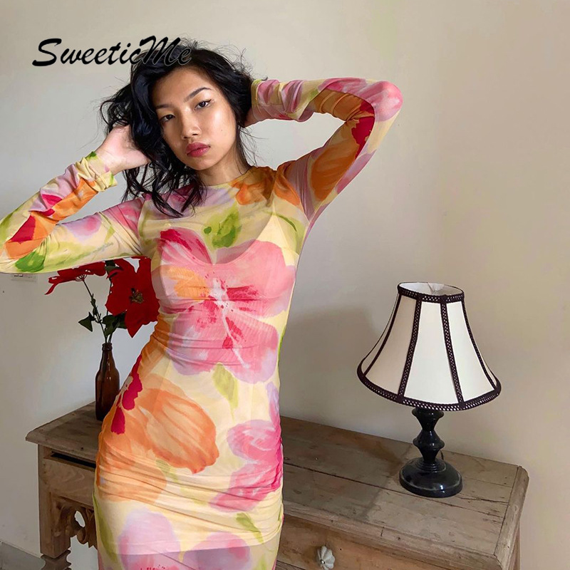 SweeticMe Women's 2021 New Fashion Print Sexy See-through Mesh Round Neck Dress | BigBuy360 - bigbuy360.vn