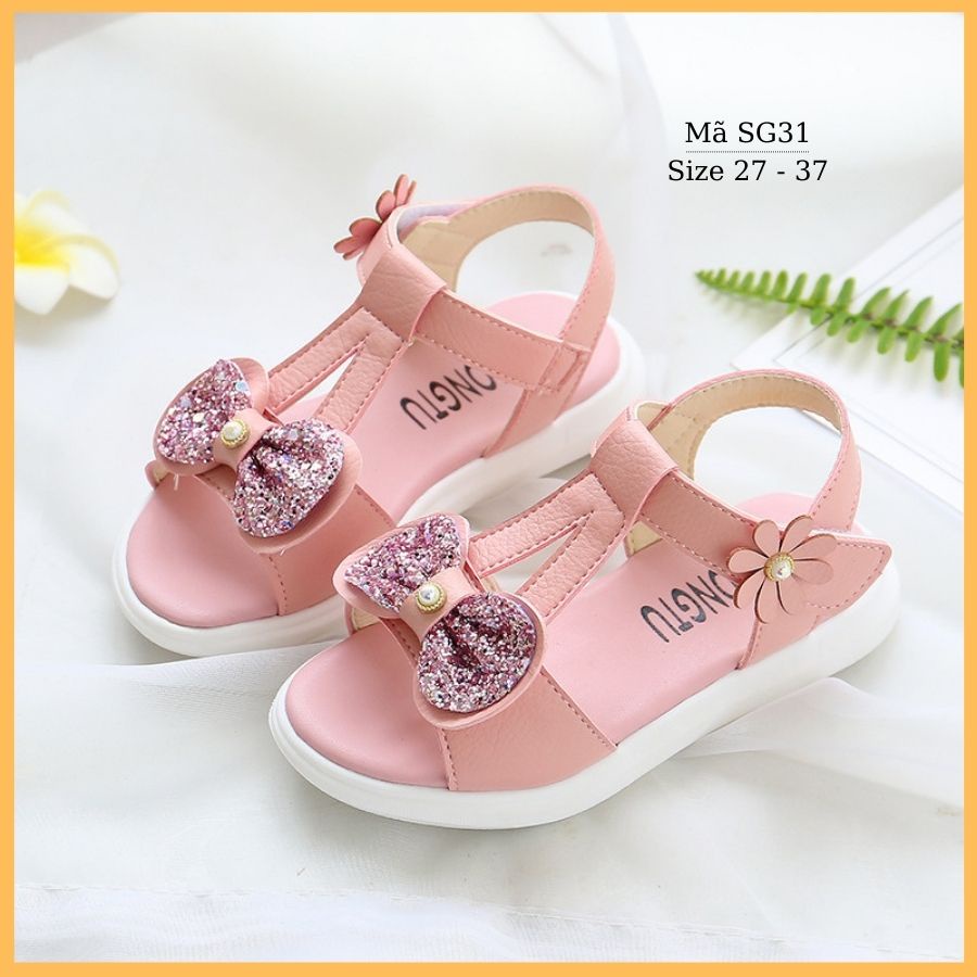 Dép sandal bé gái êm nhẹ cao cấp quai ngang gắn nơ điệu đẹp thời trang cho trẻ em 4 5 6 9 10 11 12 tuổi đi học SG31