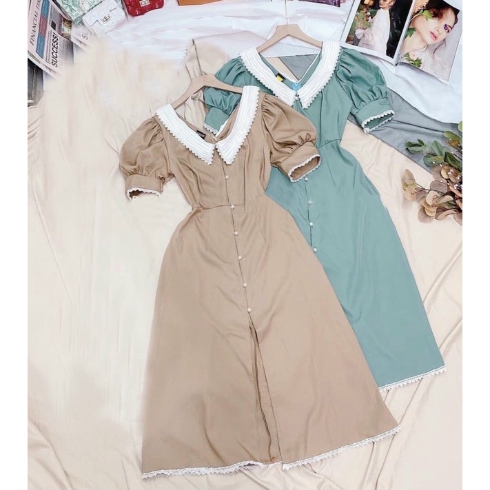 Đầm xoè công sở dạo phố cổ bẻ nút vintage tay phồng