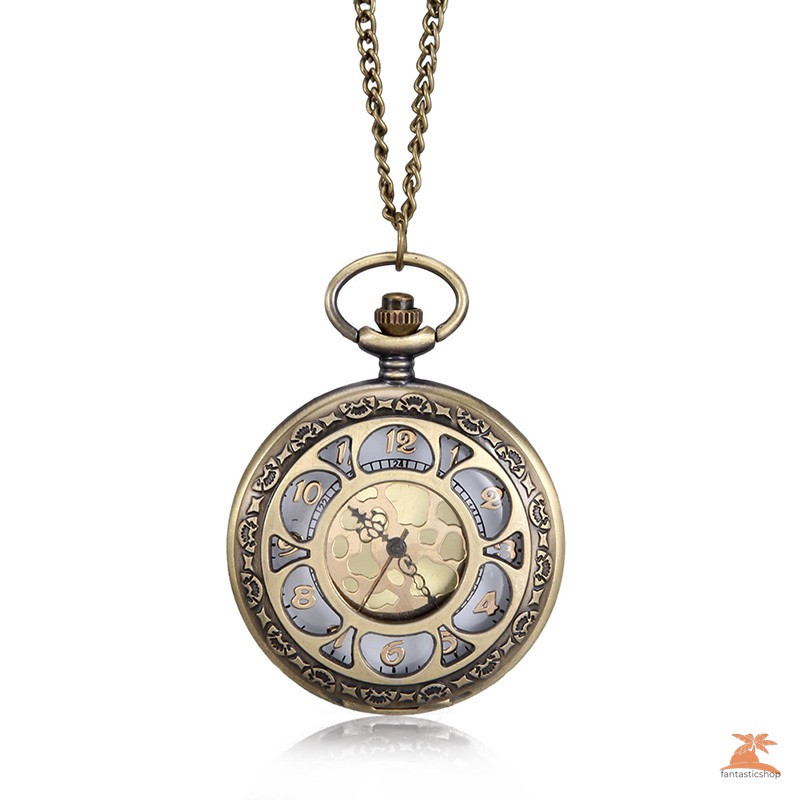 #Đồng hồ bỏ túi# 1pc Men Women Quartz Pocket Watch Floral Petal Carved Case with Chain