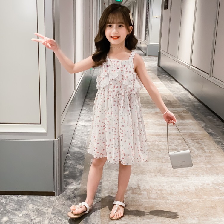 New girls' small dresses, boutique Korean children's clothing, big boys and girls, color dot chiffon dresses, lovely temperament, comfortable, cool and breathable