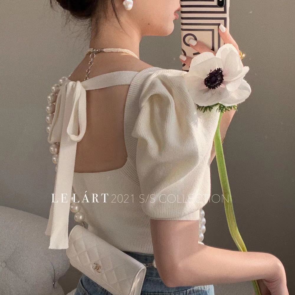 Áo Len Tay Ngắn Cổ Vuông Quyến Rũ Trẻ Trung Hợp Thời Trang