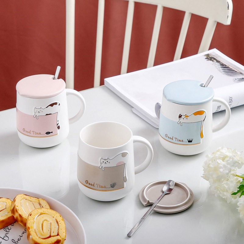 Cốc sứ KᕼẮᑕ TÊᑎ 𝘁𝗵𝗲𝗼 𝘆𝗲̂𝘂 𝗰𝗮̂̀𝘂 in hình 𝗚𝗢𝗢𝗗 𝗧𝗜𝗠𝗘 mèo đáng yêu 400ml, ly sứ uống nước 𝗟Y̲ᑕ𝗨P có nắp đậy, quà tặng, decor