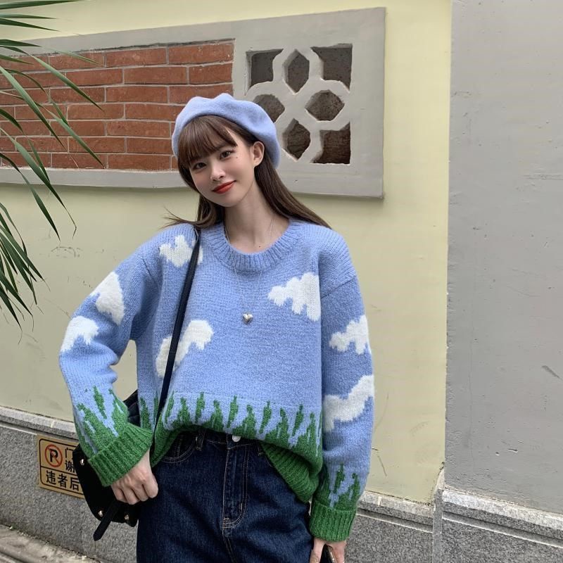 Áo sweater Cổ Tròn Dáng Rộng Ấm Áp Xinh Xắn Cho Nữ Mùa Đông