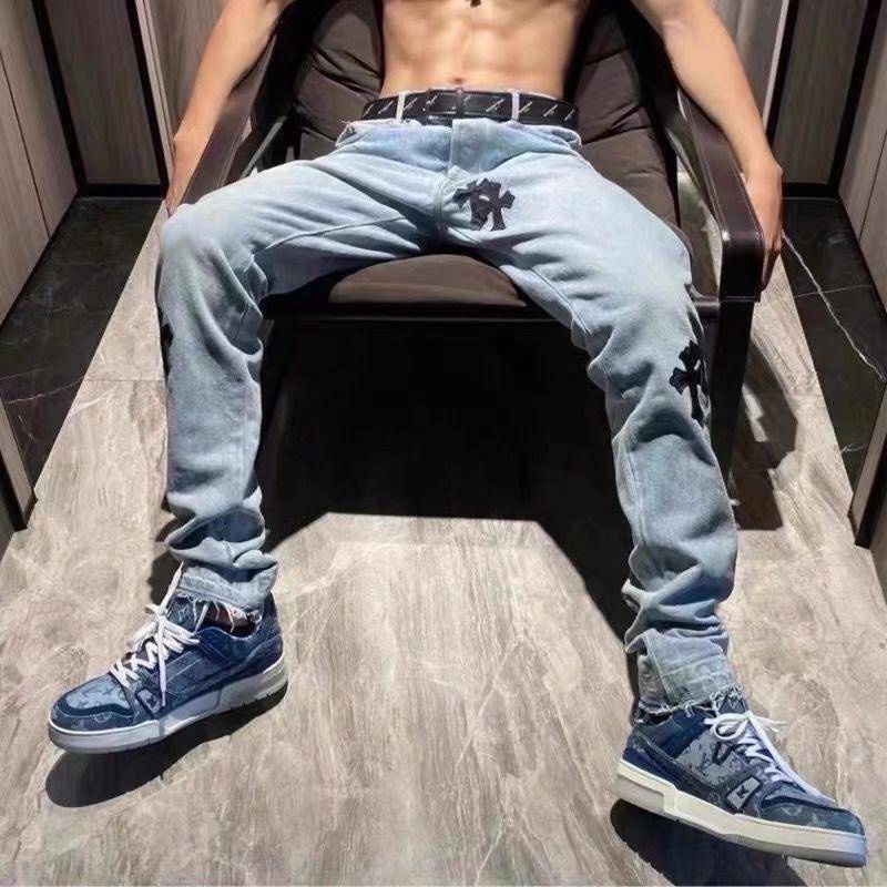 Quần Jeans Ống Rộng Phối Dây Khóa Bạc Phong Cách Đường Phố Mới Cho Nam Nữ