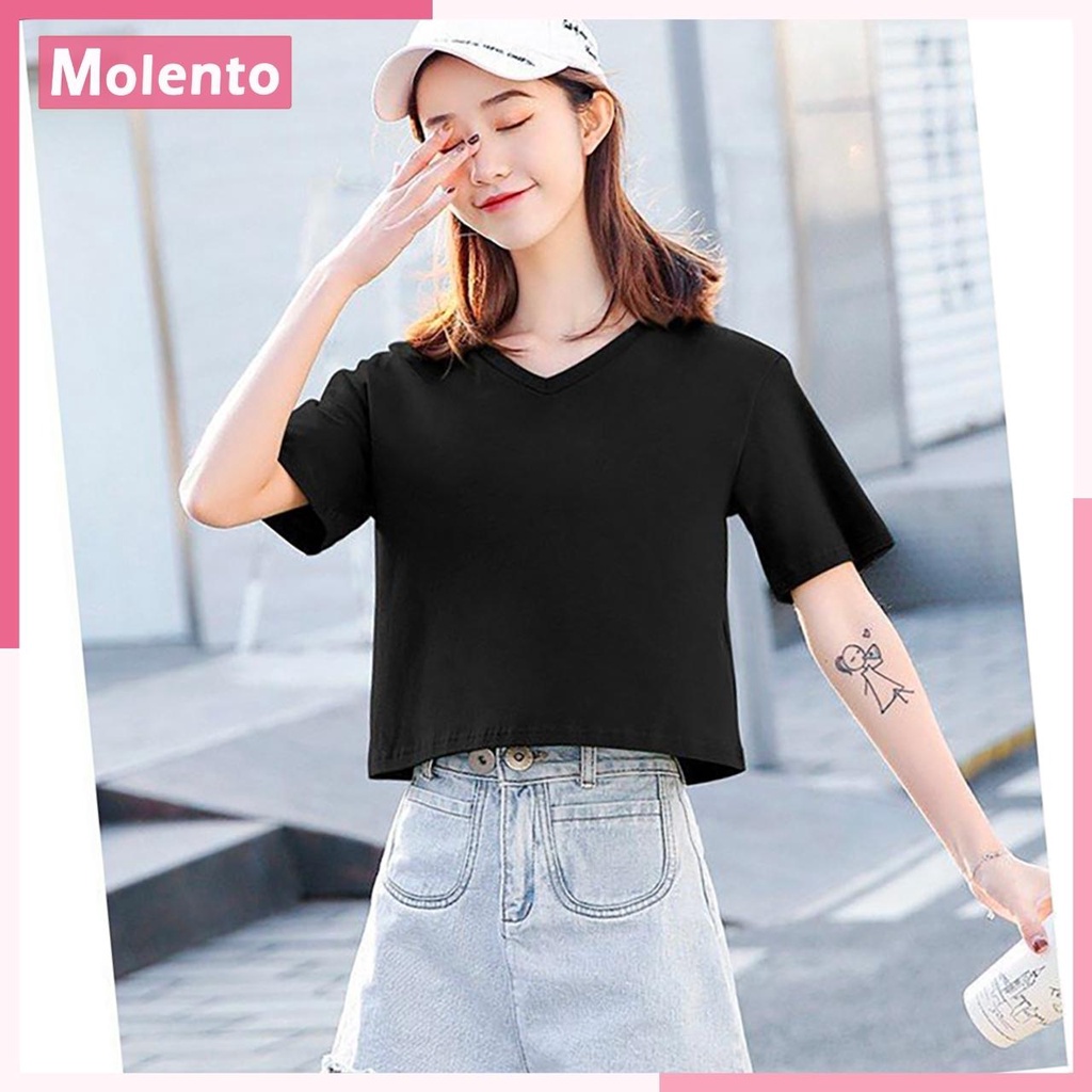 Áo Croptop Nữ Cổ Tim Tay Ngắn Molento Thun Cotton Co Giãn 4 Chiều Form Rộng Nhiều Màu Sắc - M57