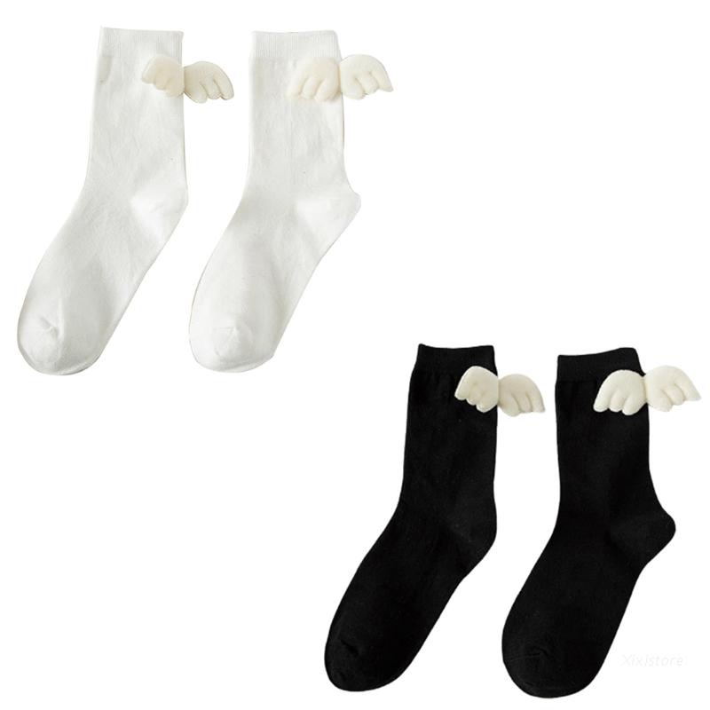 Vớ cotton màu trắng/đen trang trí họa tiết đôi cánh thiên thần phong cách Harajuku Nhật Bản cho nữ