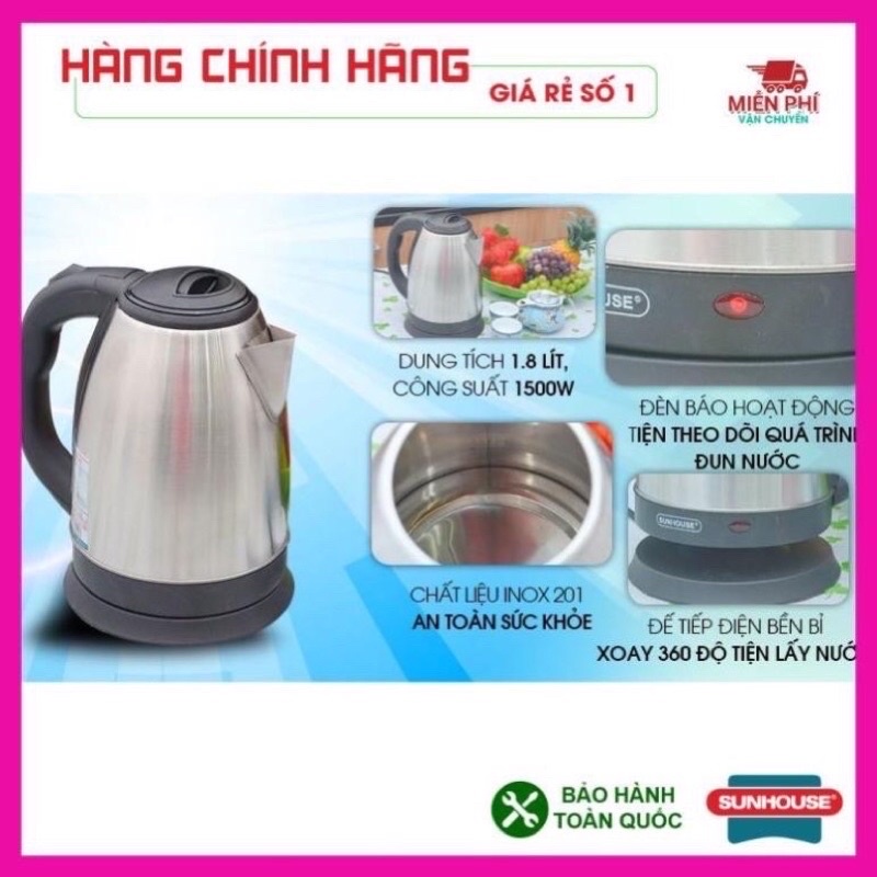 Ấm siêu tốc, Bình đun siêu tốc Sunhouse SHD1182, 1,8 LÍT, inox 2 lớp, đun sôi nhanh, tự động ngắt khi sôi.