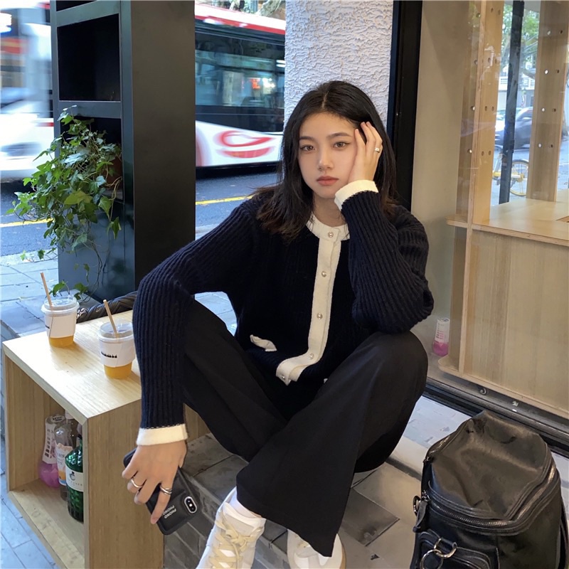 Áo khoác len cardigan dài tay tiểu thư sang chảnh phối cúc có viền đen trắng Hàn Quốc Yannie