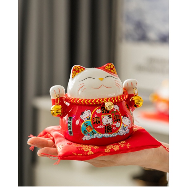 Mèo thần tài vẫy tay may mắn đón tài chiêu lộc gốm sứ cao cấp, mèo may mắn có chổ bỏ ống heo chiêu tai cho gia chủ