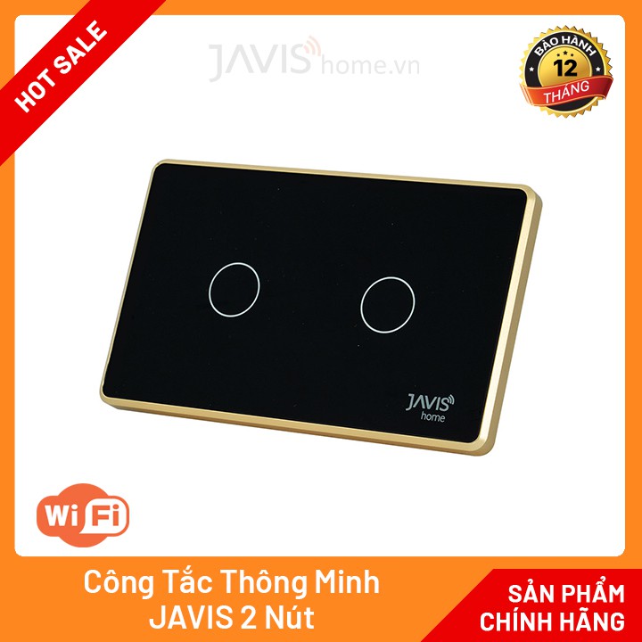 Công tắc thông minh JAVIS 2 Gang có viền vàng. Công tắc cảm ứng WIFI điều khiển bằng tiếng Việt qua loa Google,Loa JAVIS