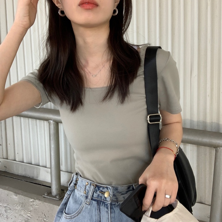 Áo thun nữ ngắn tay cổ chữ U màu sắc đơn giản 43915