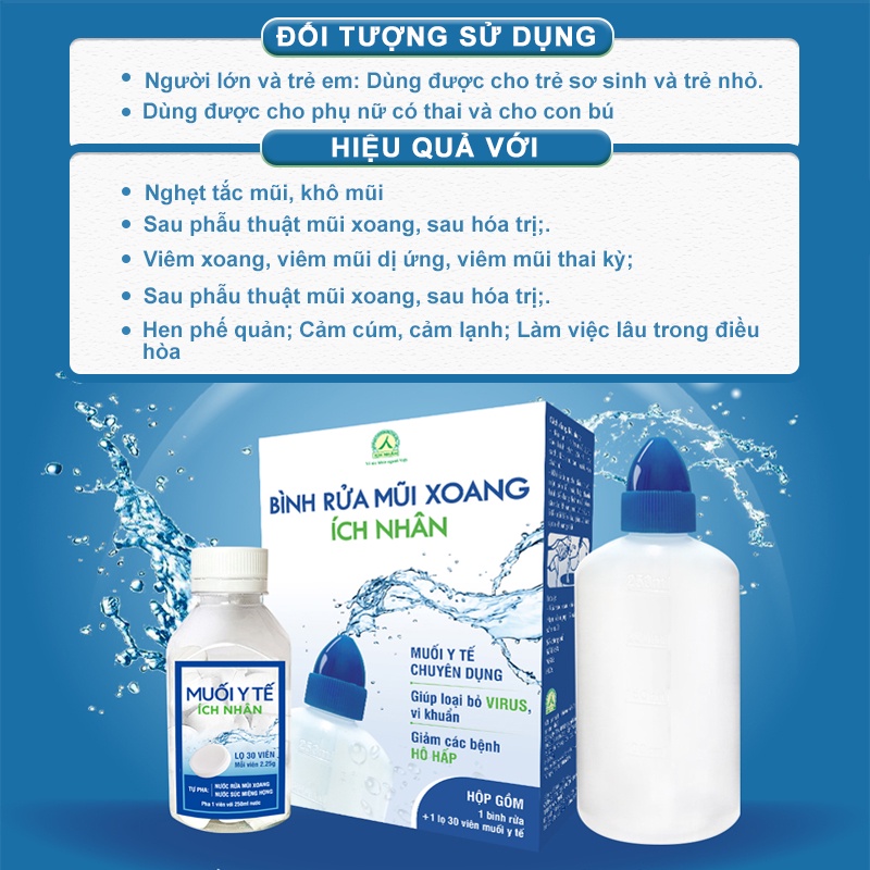 Bộ bình vệ sinh mũi họng Ích Nhân diệt khuẩn, giảm xoang -  Bình và 1 lọ muối y tế 30 viên BBR