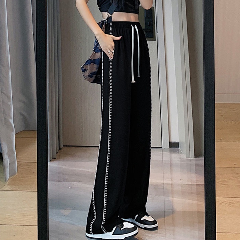 Quần Dài Ống Rộng Kẻ Sọc Hai Bên Màu Đen Thời Trang Hàn Quốc Độc Đáo