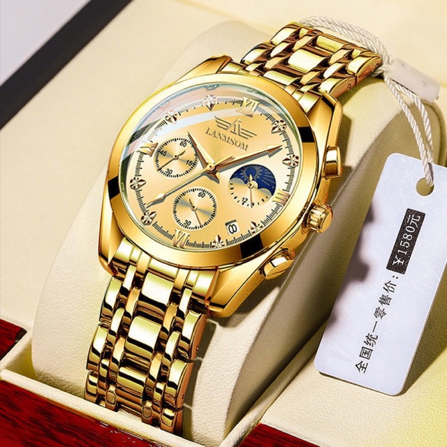 Đồng hồ thạch anh WISHDOIT màu vàng kim dây đeo thép không gỉ /da phong cách doanh nhân chống nước cho nam