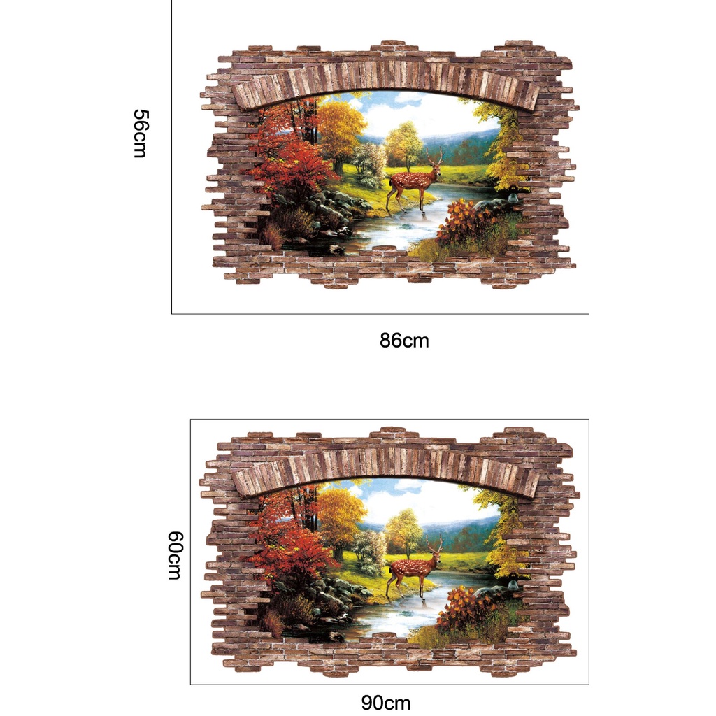 Decal tranh dán tường 3D trang trí nhà cửa - khu rừng và con hươu ( 60 x 90 cm)