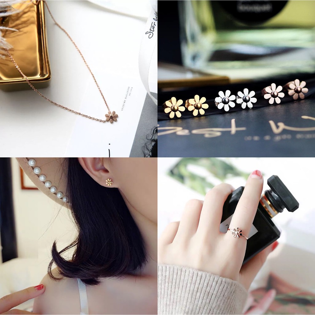 Bộ Khuyên Tai/Vòng Cổ/Vòng Tay/Vòng Cổ Hoa Cúc Bằng Thép Titan Mạ Vàng Hồng 18K Không Gỉ Không Dị Ứng Phiên Bản Nhật Hàn Siêu Đơn Giản