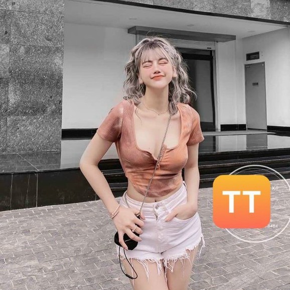 Áo kiểu croptop cổ U nút bấm phối màu loang cực xinh , chất thun gân mềm mịn