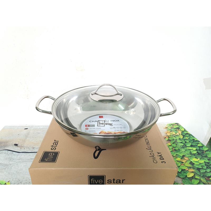 Chảo lẩu xào sâu lòng 3 đáy inox 430 Fivestar 24cm / 26cm / 28cm / 32cm Đáy Từ Nắp Kính
