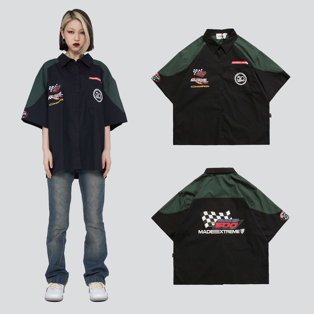 Áo Sơ Mi Tay Ngắn Cổ POLO Dáng Rộng In Họa Tiết Phong Cách Hip hop Hàn Quốc Thời Trang Cho Nam