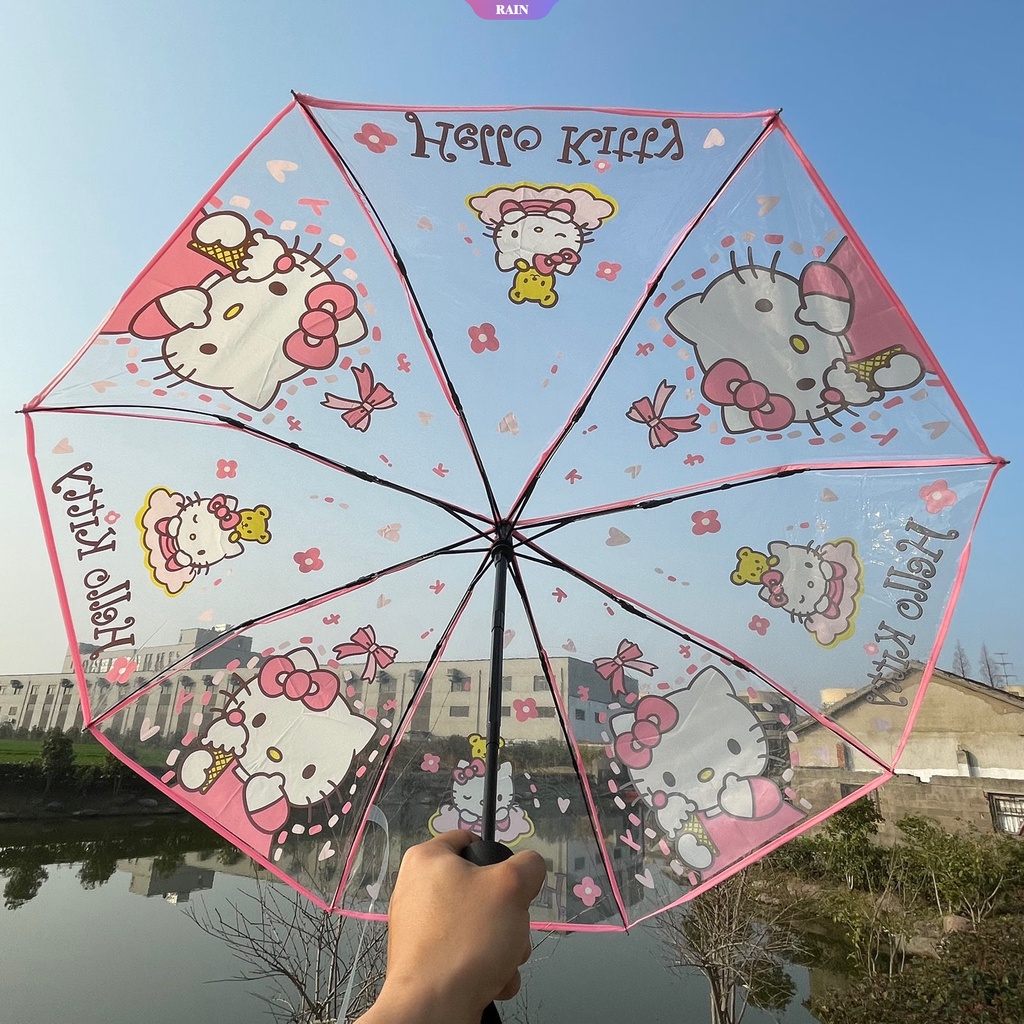 Dù Gấp Tự Động Trong Suốt Chống Gió Chống Nước In Hình Mèo Hello Kitty Dễ Thương