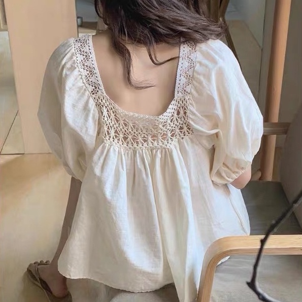 SUXI Áo Sơ Mi Tay Ngắn Phồng Cổ Vuông Màu Sắc Đơn Giản Thời Trang Mùa Hè Cho Nữ