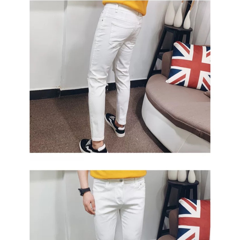 Quần Jean Skinny Rách gối In White Unisex