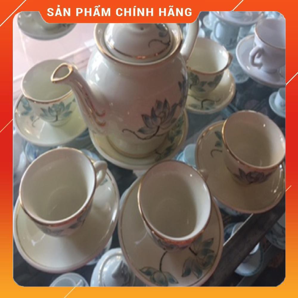 Bộ ấm trà phú quý hoa sen men kem kẻ chỉ vàng kim