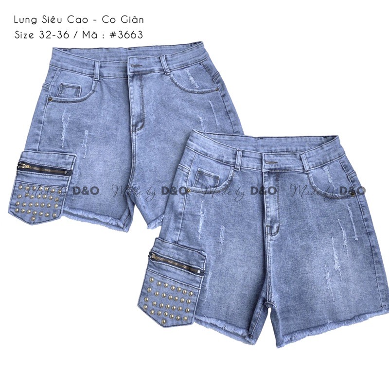 Quần Bò Túi Đính Hạt Lưng Cao / Quần Short Jean Nhạt Co Giãn