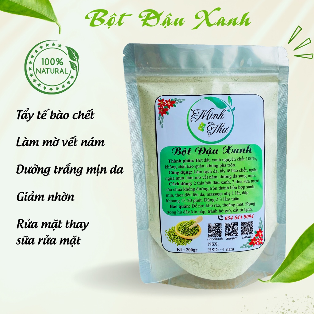 Bột đậu xanh Minh Thư, bột đắp mặt, tẩy tế bào chết 100% thiên nhiên, làm sạch da túi 200gr