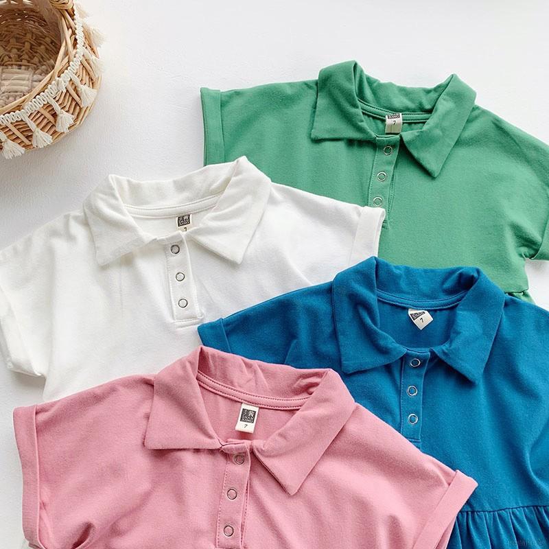 Đầm xòe tay ngắn cổ bẻ phối nút phong cách Hàn Quốc thời trang xinh xắn cho bé gái