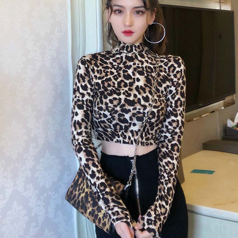 Áo croptop cổ lọ tay dài họa tiết da báo/ngựa vằn thời trang