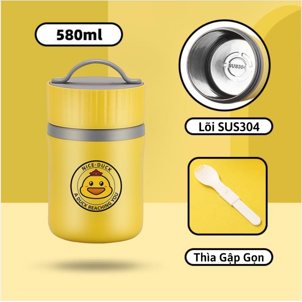 Bình Ủ Cháo Vịt Vàng - Bình Giữ Ấm Cháo, Sữa, Cơm Phong Cách Hiện Đại - Dung Tích 580ML - Tặng Kèm Thìa