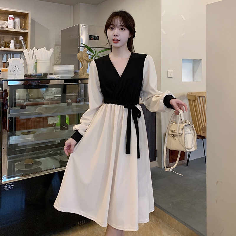 Đầm Cổ Chữ V Thắt Nơ Màu Sắc Tương Phản Thời Trang Mùa Thu Cho Nữ