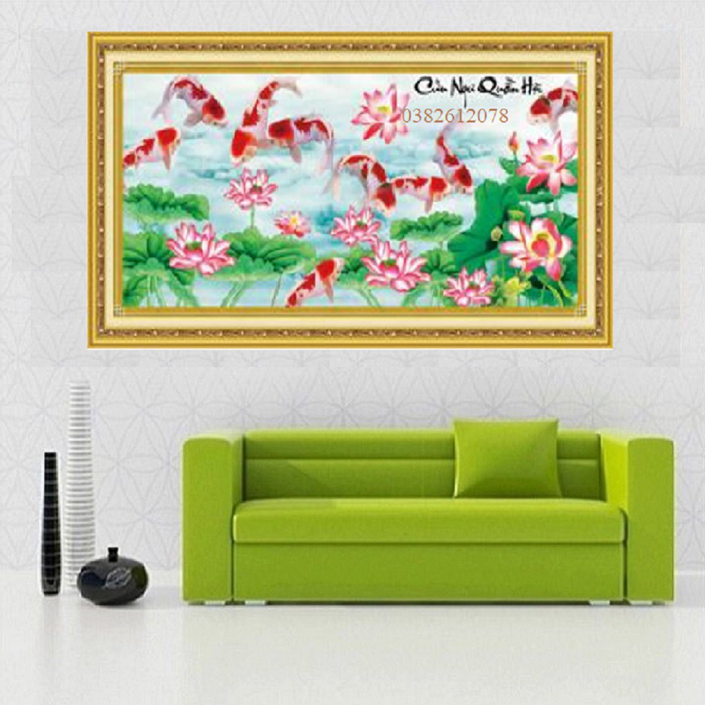 ❤FLASH SALE❤ [150*70CM] TRANH THÊU CHỮ THẬP CỬU NGƯ QUẦN HỘI TRANH CHƯA THÊU CÁ CHÉP HOA SEN LV3230