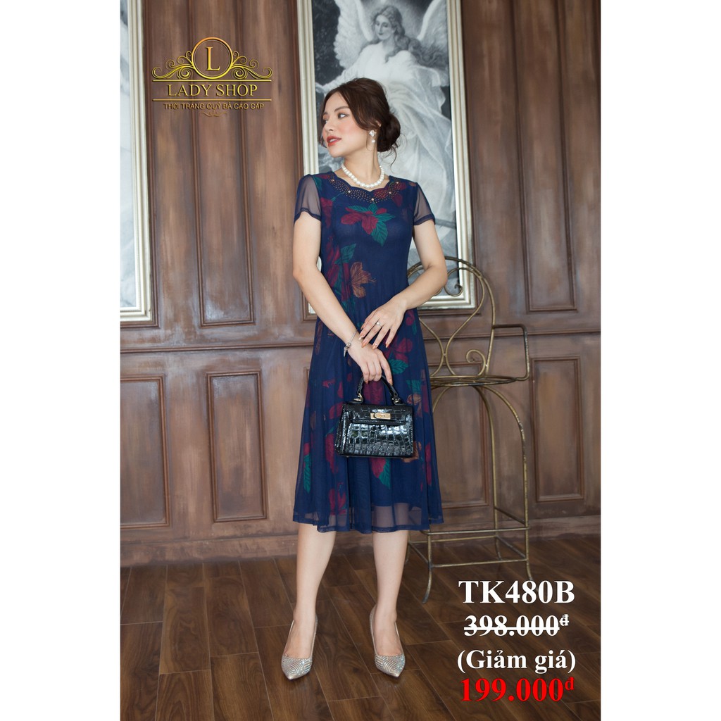 VÁY QUÝ BÀ TRUNG NIÊN CAO CẤP - LADYSHOP - Đầm 2 lớp xanh hoa dâm bụt cổ đá TK480 | BigBuy360 - bigbuy360.vn