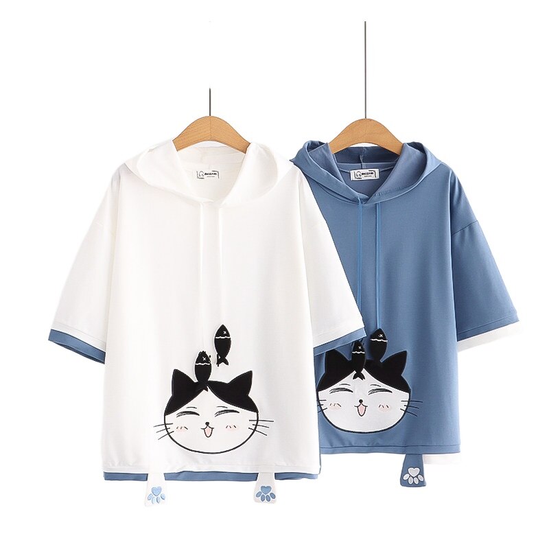 Áo Hoodie Tay Lửng Thêu Hình Mèo Hoạt Hình Dễ Thương Thời Trang Mùa Hè Cho Nữ 2021