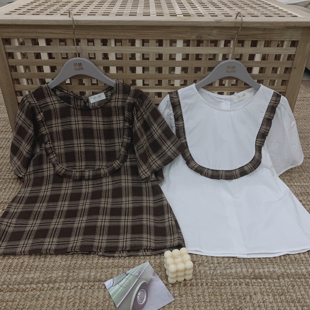 Áo sơ mi ngắn tay màu trắng, áo kiểu cộc tay cách điệu cổ viền nâu xinh xắn, tiểu thư MÃ OC06