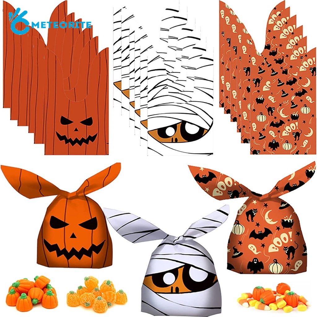 Set 50 Túi Nhựa Đựng Kẹo Họa Tiết Tai Thỏ / Ma / Bí Ngô Trang Trí Tiệc Halloween