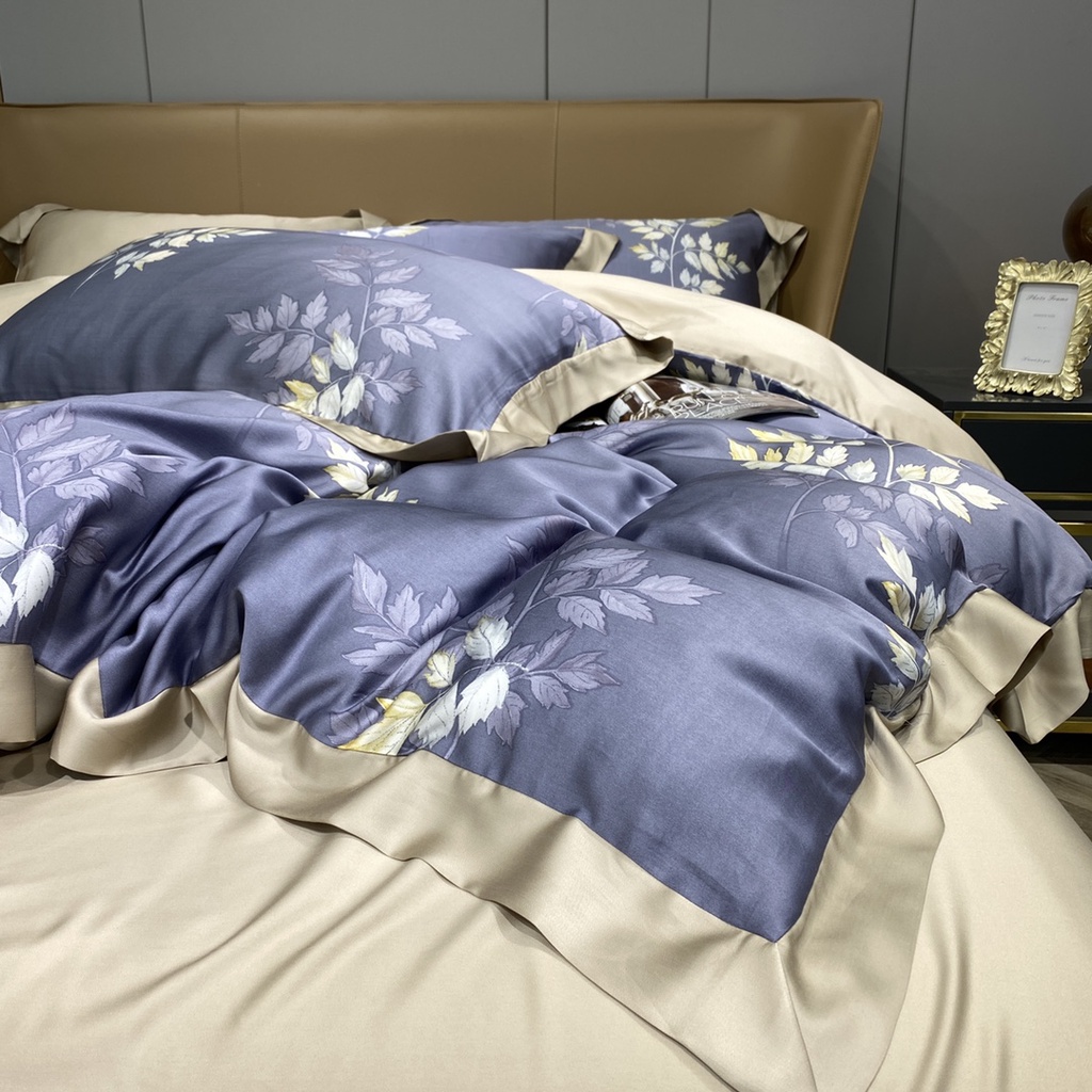 Bộ chăn ga gối cao cấp 100%Tencel 100s, họa tiết Lá dương sỉ Pháp, màu sắc sang trọng, chất liệu siêu mềm mát mịn
