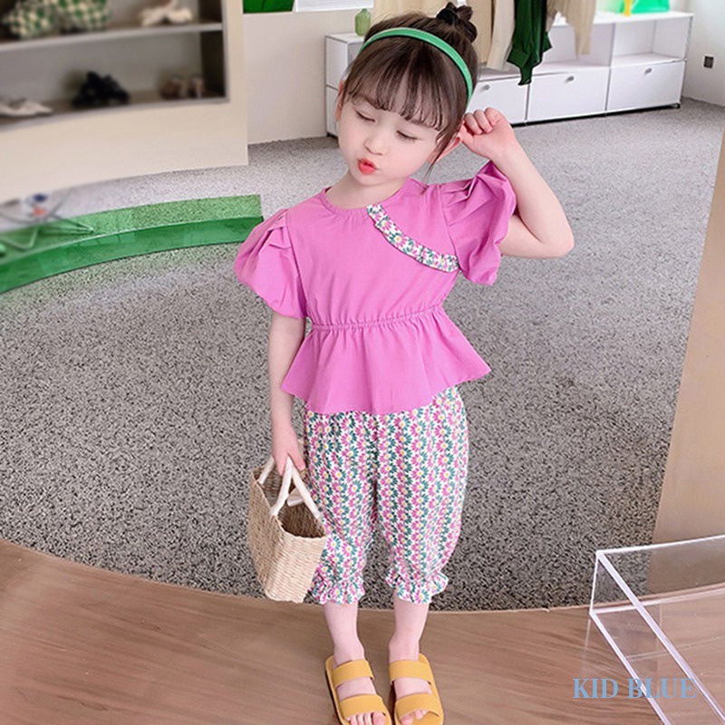 Set Áo Tay Ngắn Phồng Cổ Tròn Và Quần Lửng Họa Tiết Hoa Phong Cách Hàn Quốc Dành Cho Nữ