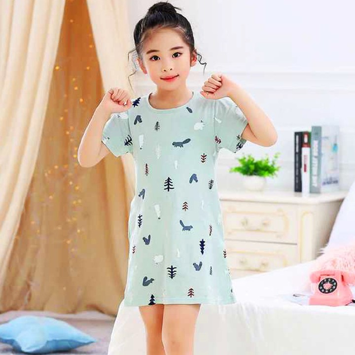 Đầm ngủ bé gái cotton mát mẻ họa tiết hoa lá cho bé 4-10 tuổi BBShine – DN002